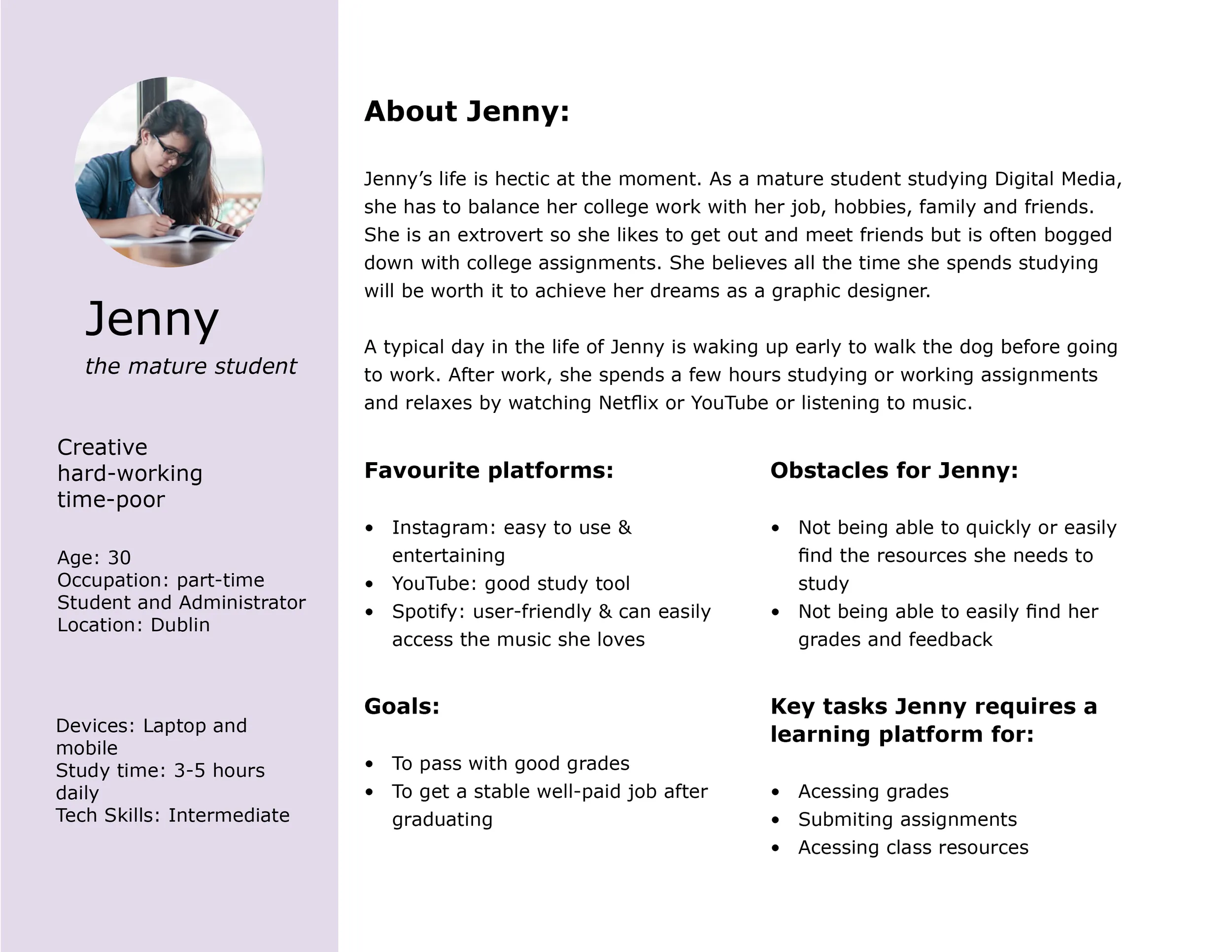 User persona - Jenny, showing demographics, goals, and frustrations